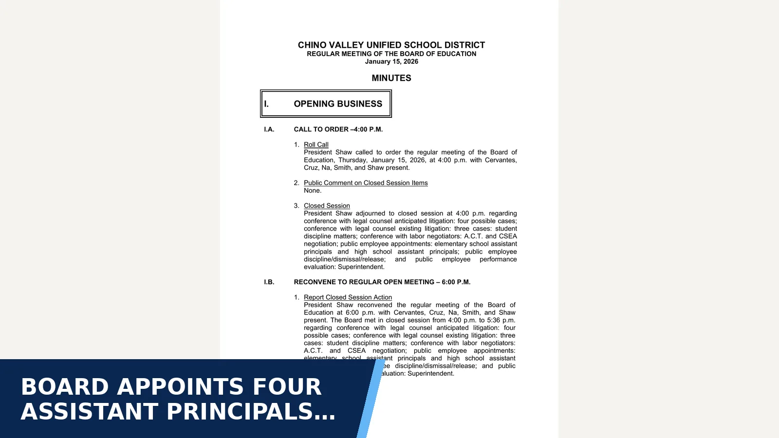 Excerpt from Minutes for Board appoints four assistant principals at Chino…