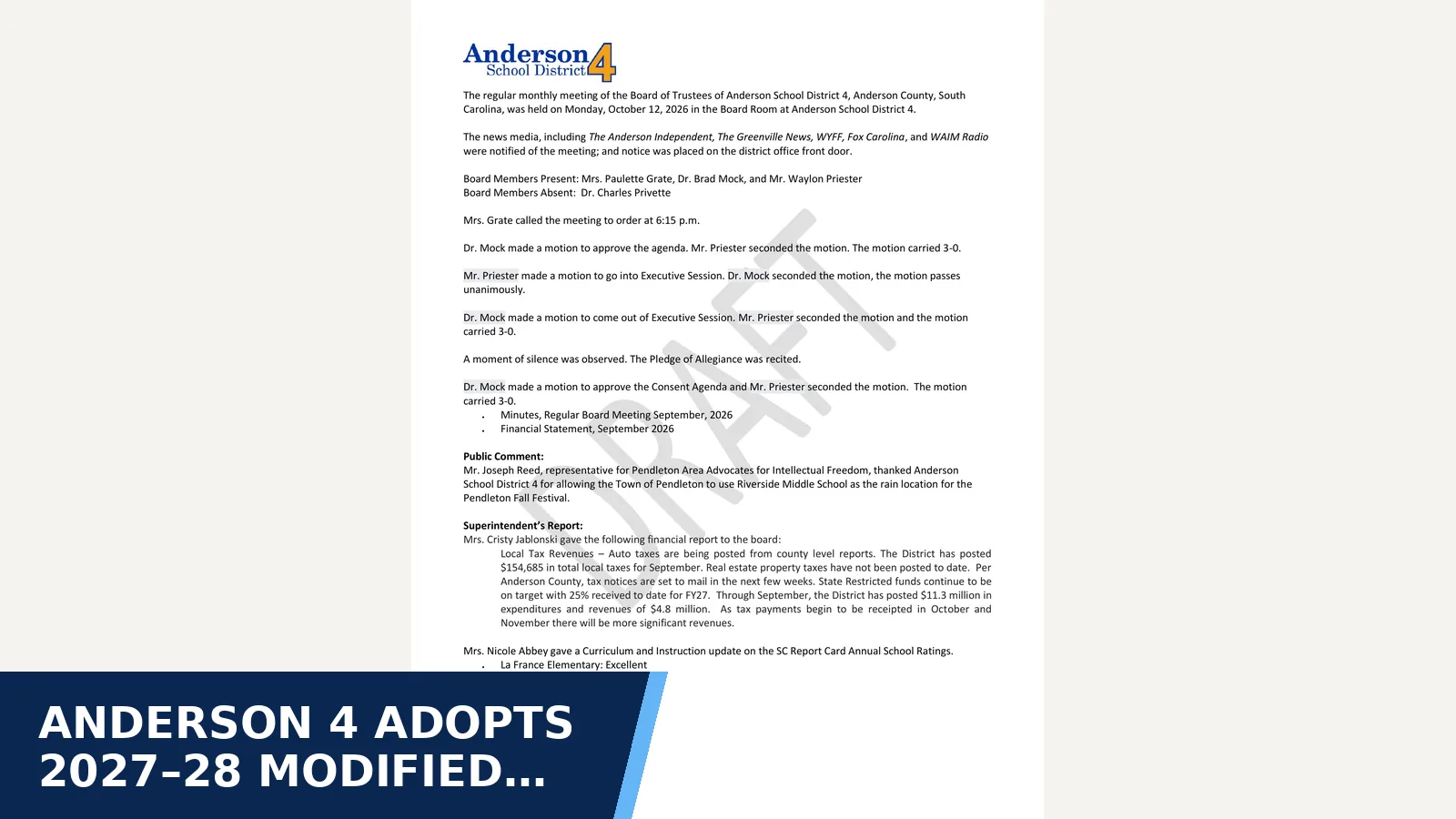 Excerpt from Regular Meeting - Oct 12 2026 for Anderson 4 adopts 2027–28 modified school calendar
