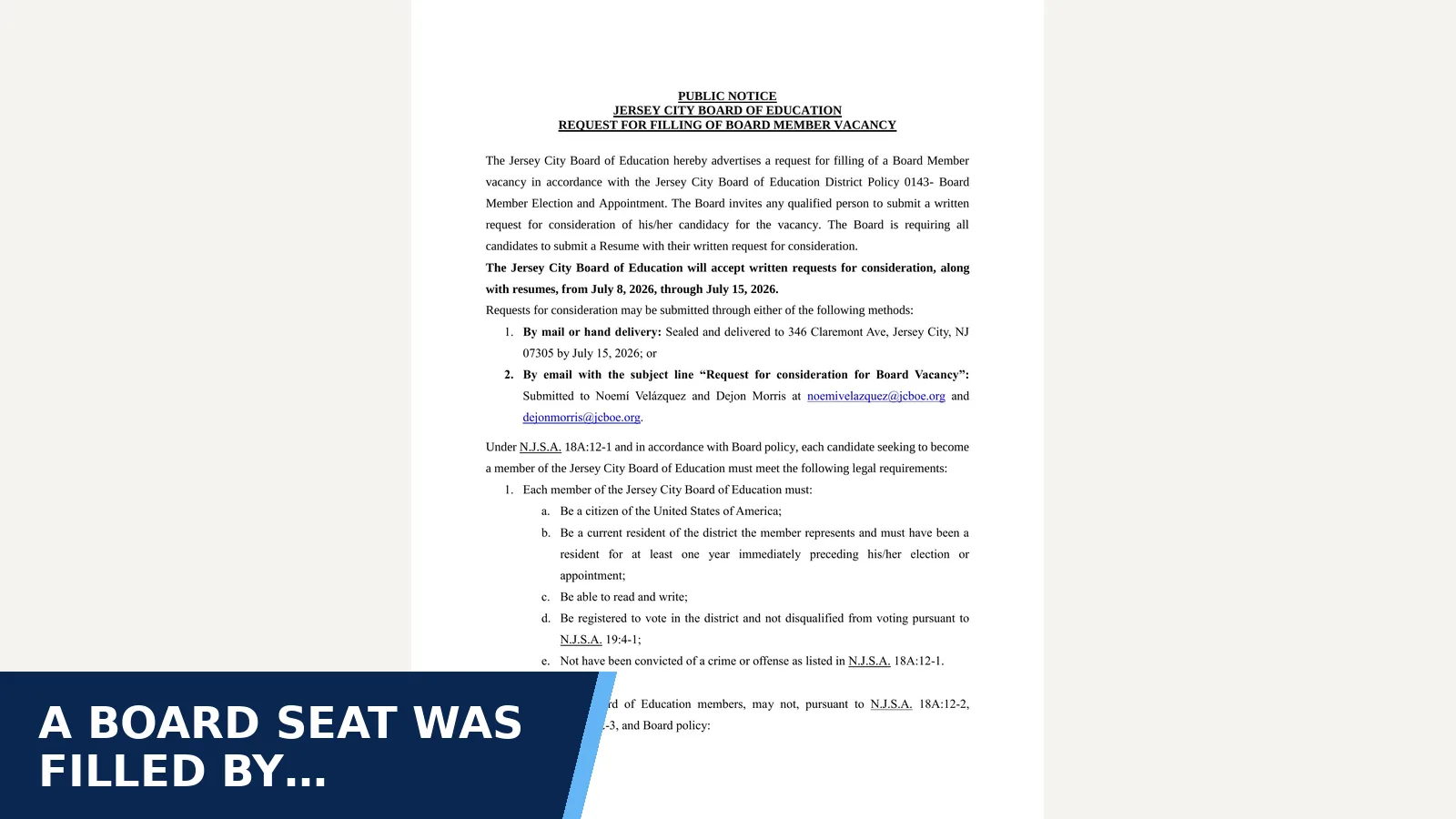 Excerpt from Notice of Filing of Board Member Vacancy (Board meeting notices) for A board seat was filled by appointment, with a…
