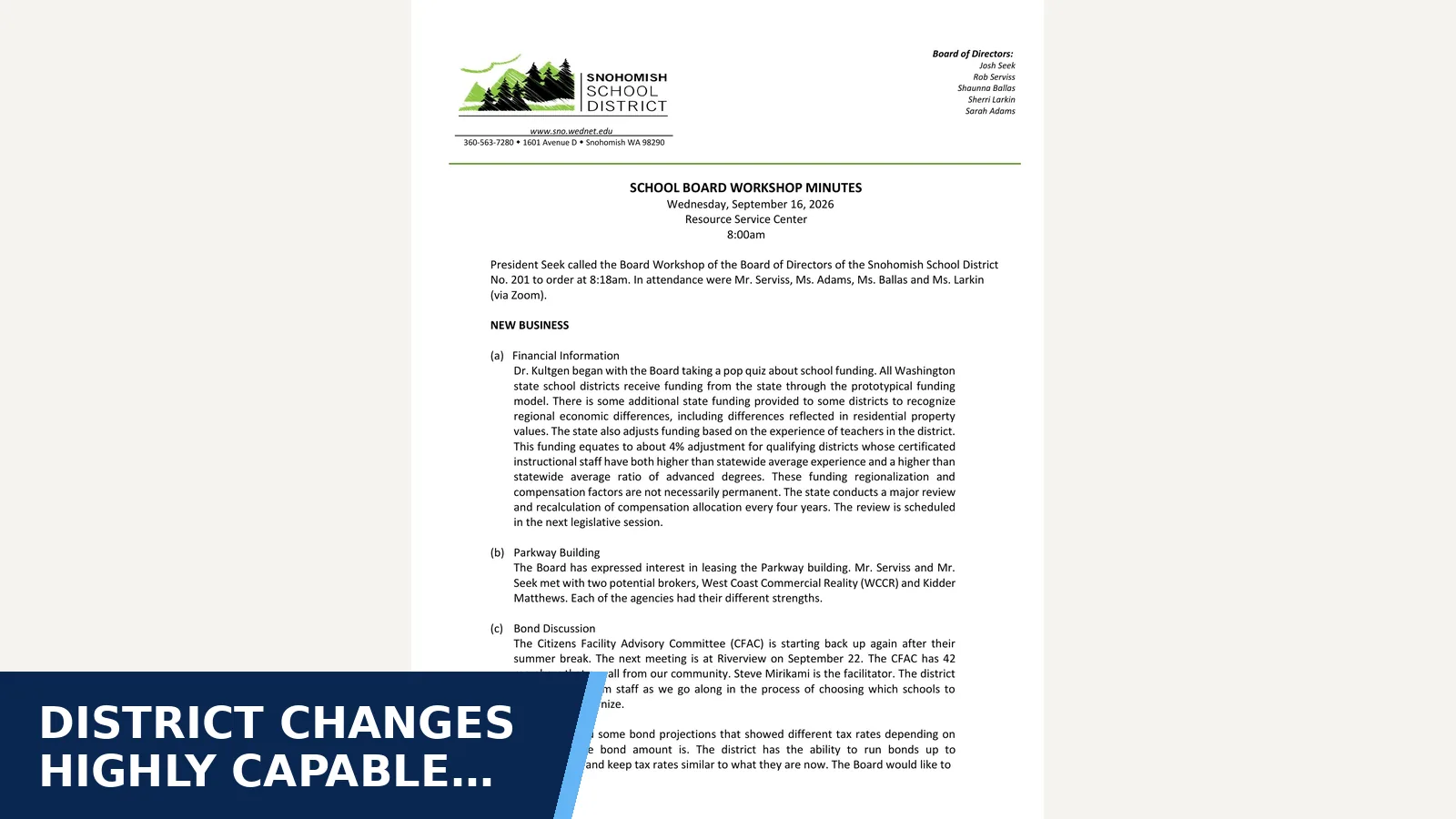 Excerpt from 9.16.26 Board Workshop Meeting Minutes for District changes Highly Capable placement rules…