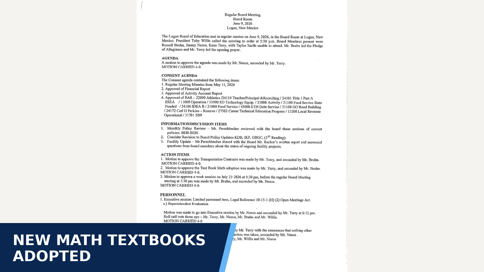 Excerpt from Board of Education - Minutes from June 2026 Regular Meeting for New math textbooks adopted