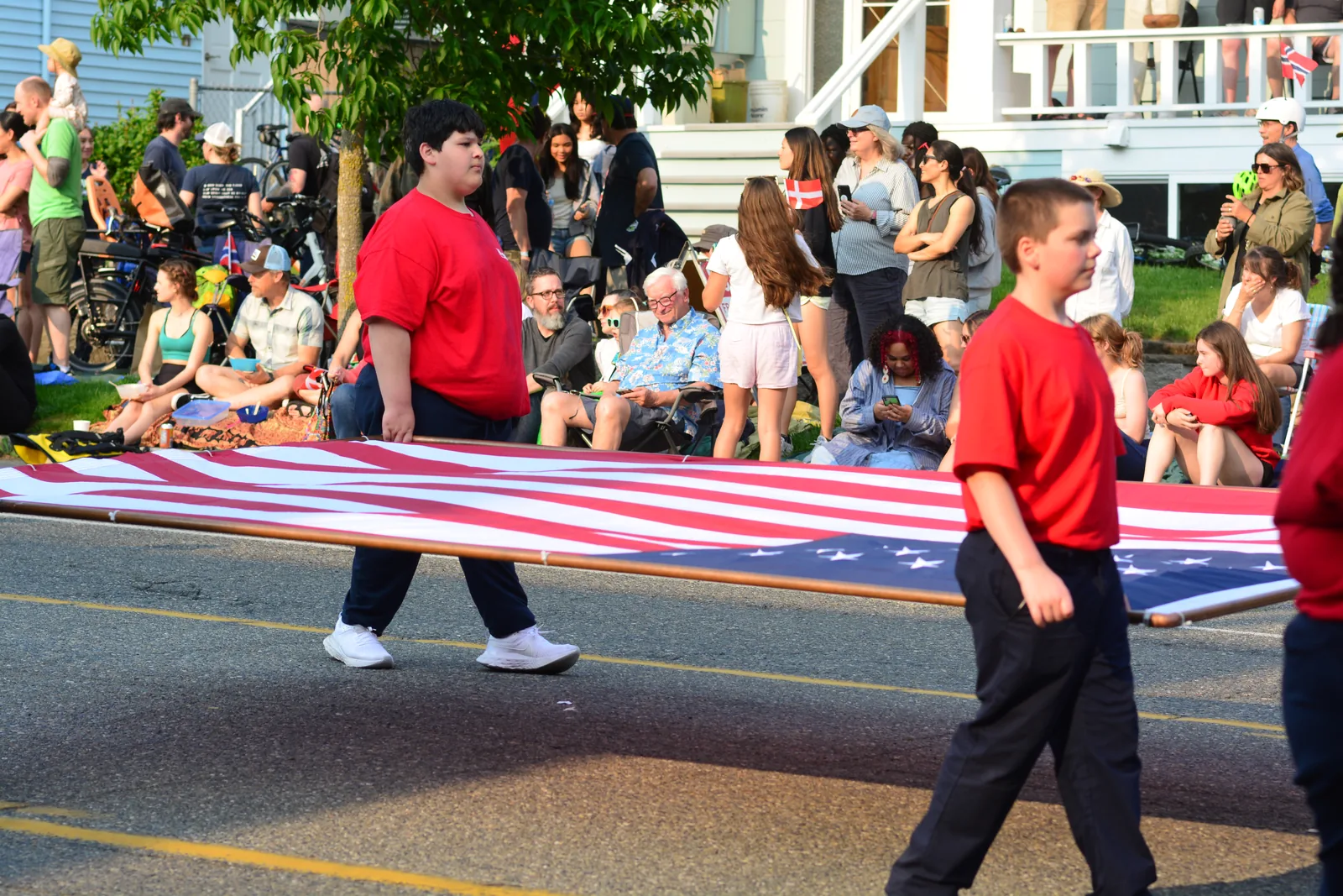 Marching band from Explorer Middle School, Mukilteo School District, Everett, Washington, marching in the Syttende Mai (Norwegian Constitution Day) parade, headed south in the 6000 block of 24th Ave NW, Ballard, Seattle, Washington, U.S.