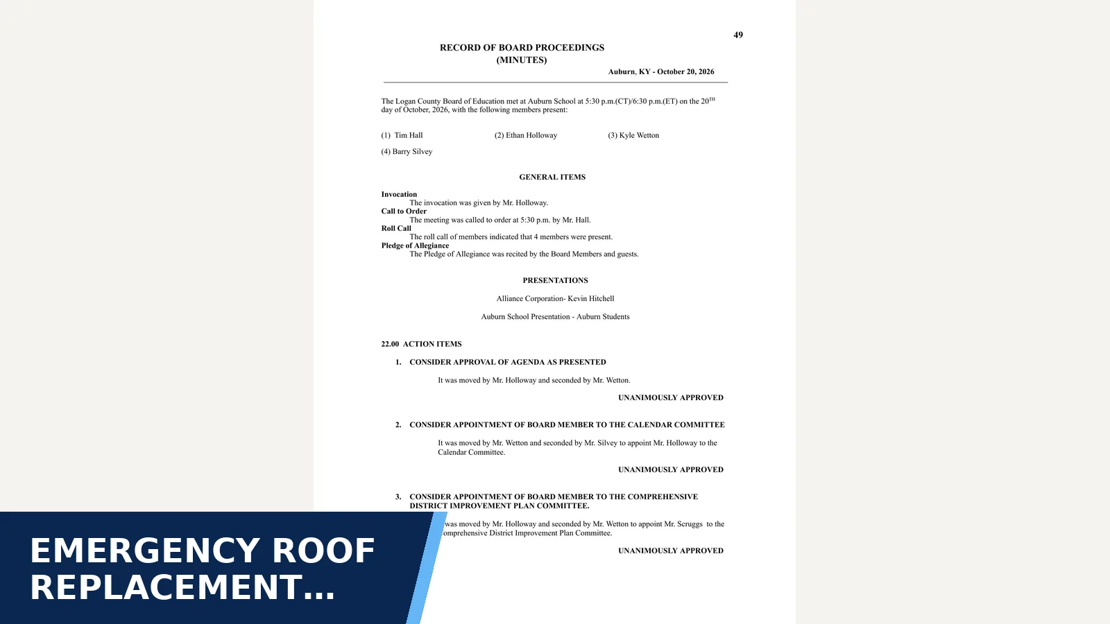 Excerpt from BOARD MINUTES 10.20.26 Regular Meeting.pdf for Emergency roof replacement approved at Chandlers…