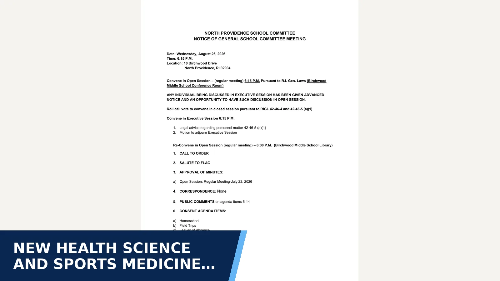 Excerpt from North Providence School Committee — Agenda for New health science and sports medicine pathways…