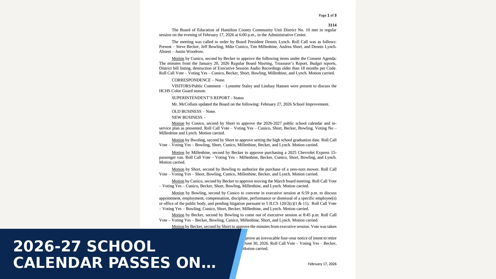Excerpt from Hamilton County CUSD 10 board - 02.17.26 Minutes for 2026-27 school calendar passes on split 4-2 vote