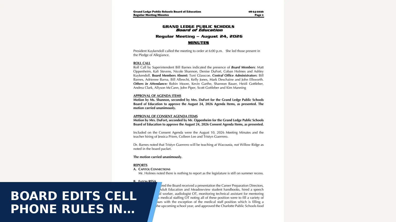 Excerpt from August 24, 2026 Regular Meeting - Minutes for Board edits cell phone rules in student handbooks
