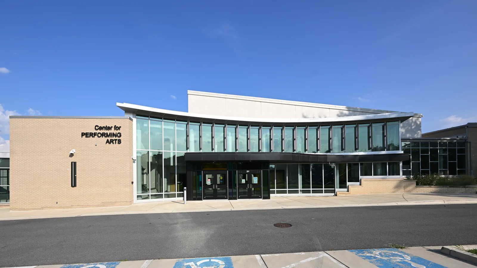 The entrance to the A. Mario Loiederman Middle School Center for Performing Arts. Loiederman M.S. is part of the Montgomery County Public Schools system. 12701 Goodhill Road, Silver Spring, Maryland 20906.