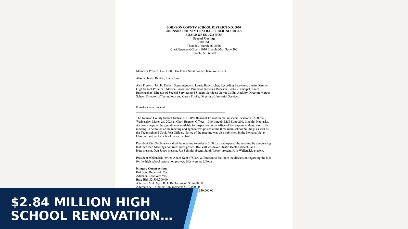 Excerpt from Board of Education Special Meeting - March 26th, 2026 for $2.84 million high school renovation contract awarded