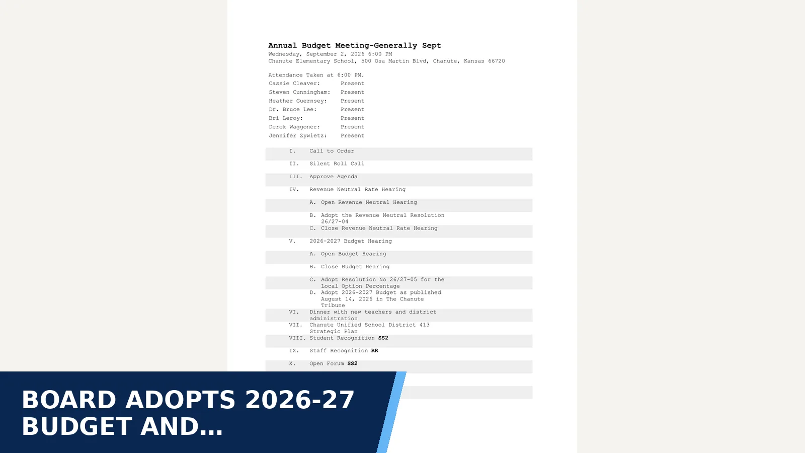 Excerpt from 2026-09-02 — September 2, 2026 at 6:00 PM - Annual Budget Meeting-Generally Sept Meeting Type: Regular — Minutes for Board adopts 2026-27 budget and revenue-neutral…