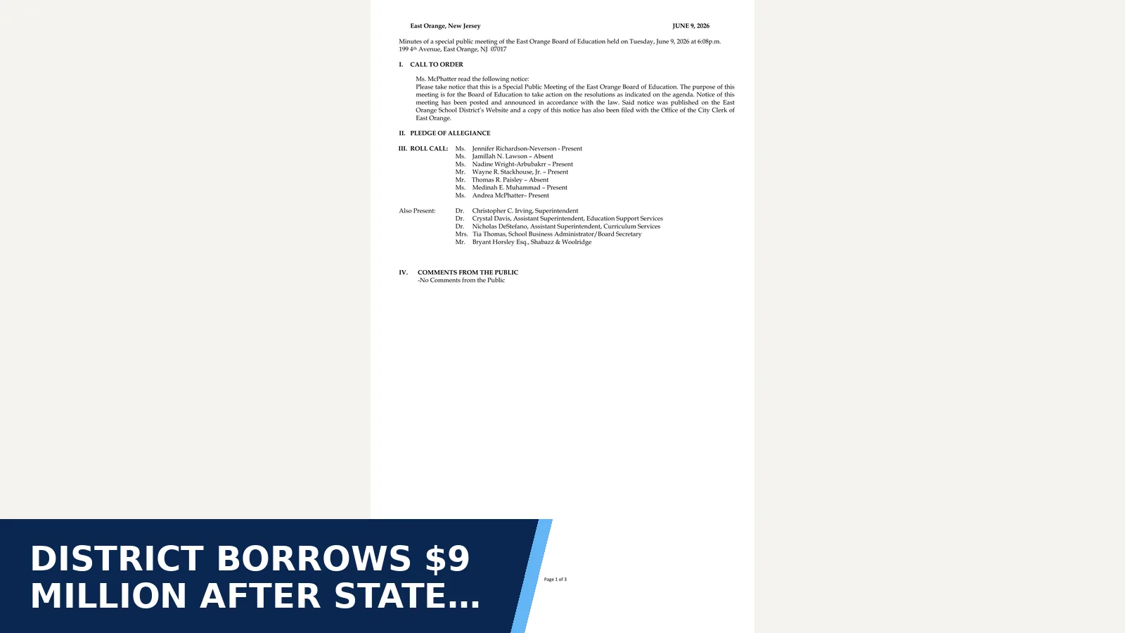 Excerpt from June 9, 2026 Meeting Minutes for District borrows $9 million after state delays its aid