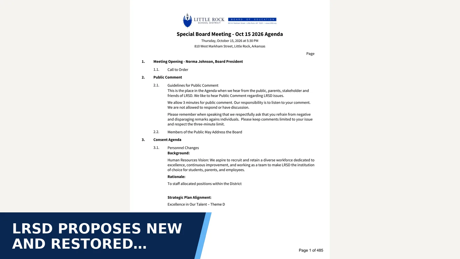 Excerpt from Special Board Meeting - Oct 15 2026 - Agenda for LRSD proposes new and restored academic programs…