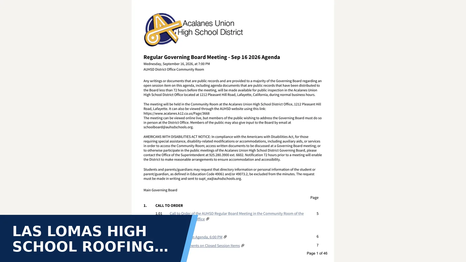 Excerpt from Regular Governing Board Meeting - Sep 16 2026 for Las Lomas High School roofing project completed…