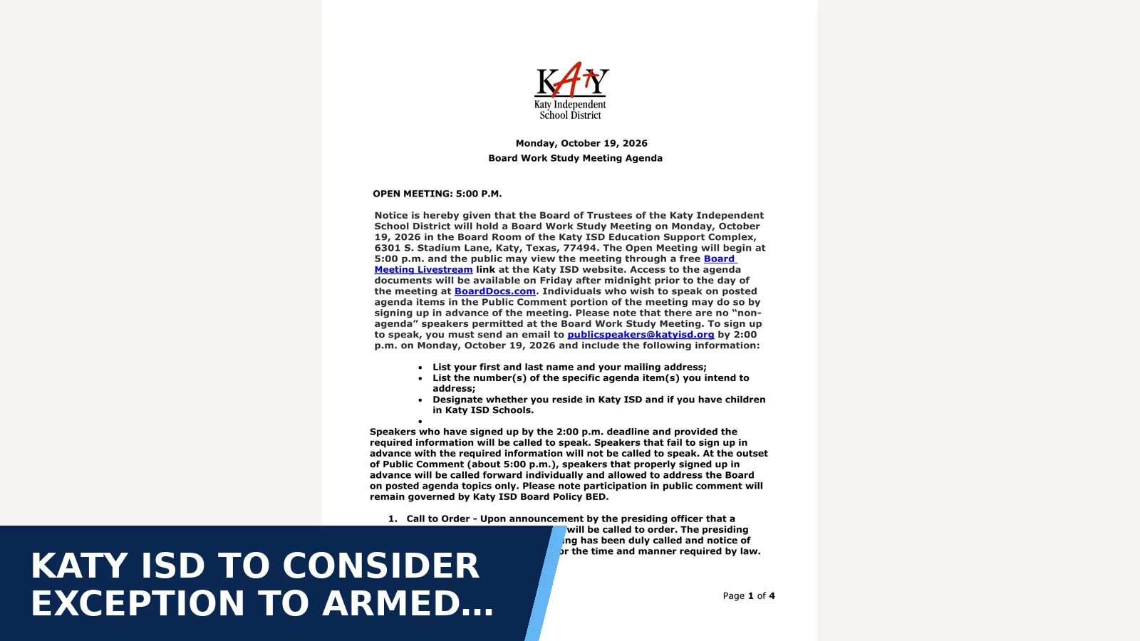 Excerpt from October 19, 2026 Board Work Study Meeting Agenda for Katy ISD to consider exception to armed…