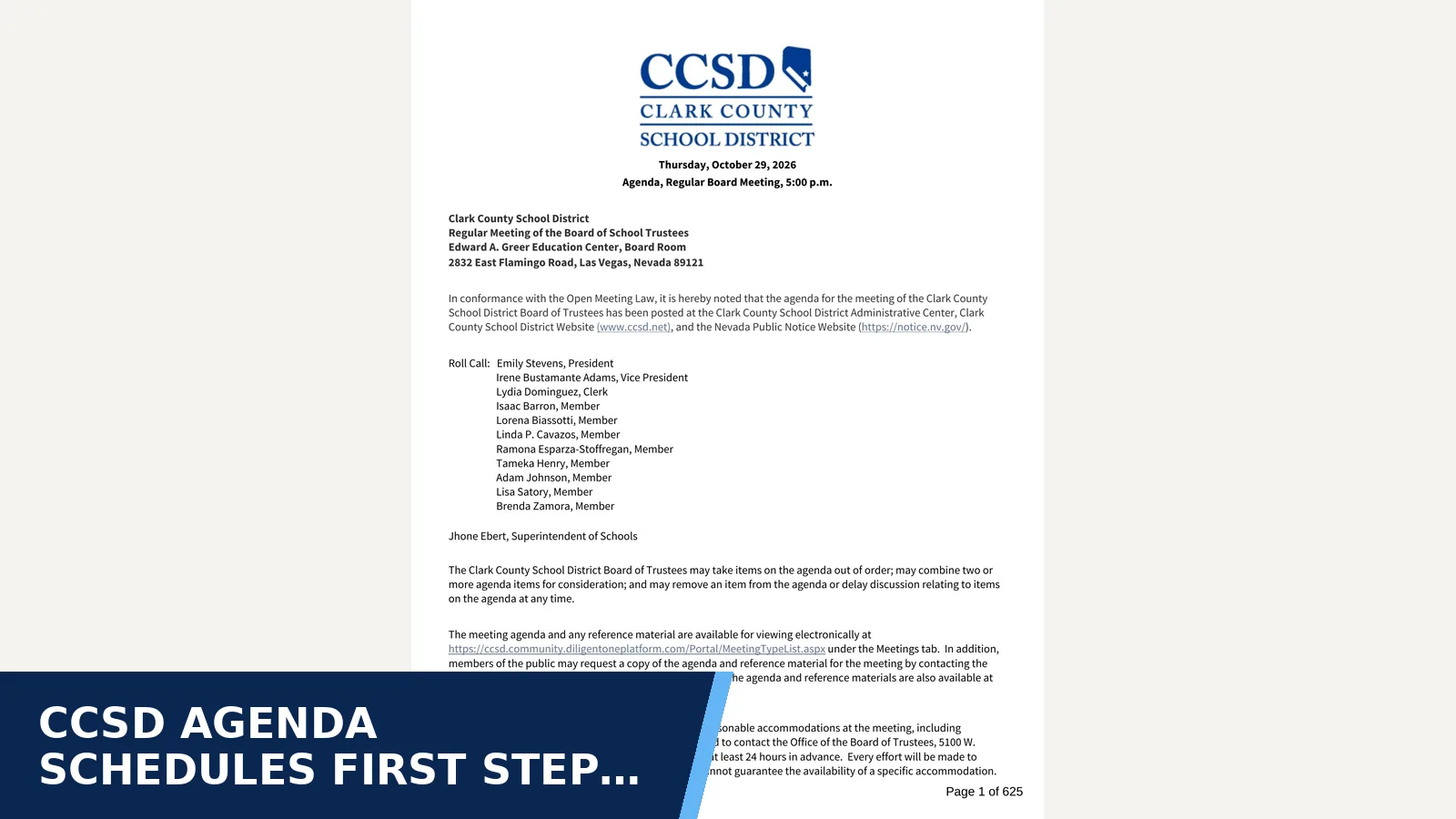 Excerpt from Regular Board Meeting - Oct 29 2026 for CCSD agenda schedules first step toward revising…