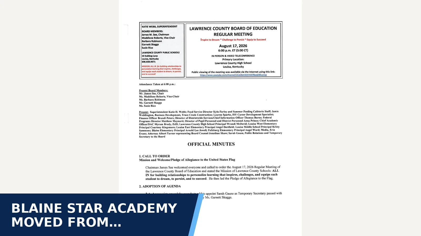 Excerpt from Lawrence County Board of Education — 2026 08-17 OFFICIAL Minutes LC BOE Regular Meeting for Blaine Star Academy moved from contract approval…