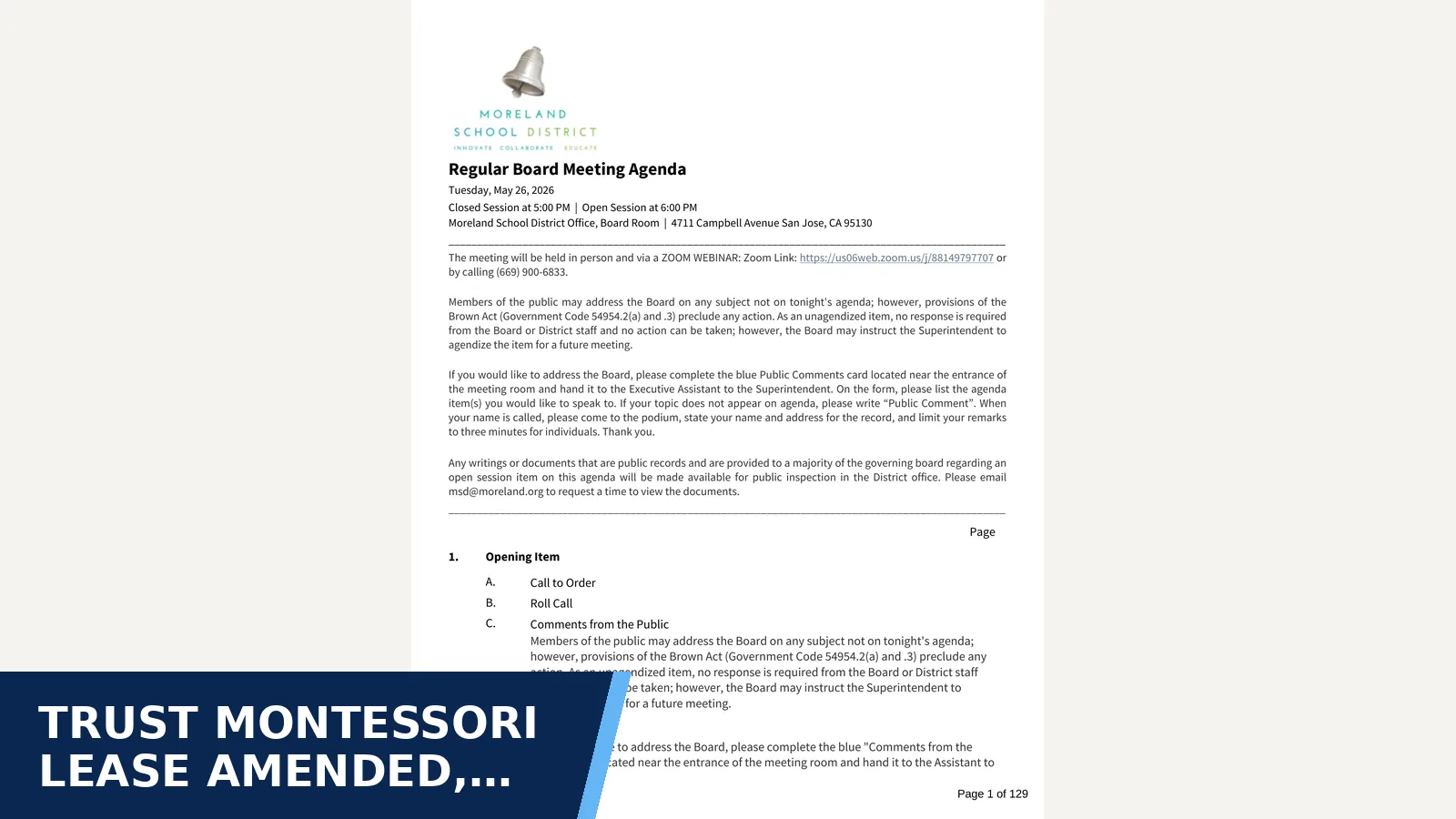 Excerpt from Regular Board Meeting - May 26 2026 full agenda package for Trust Montessori Lease Amended, Losing Seven…