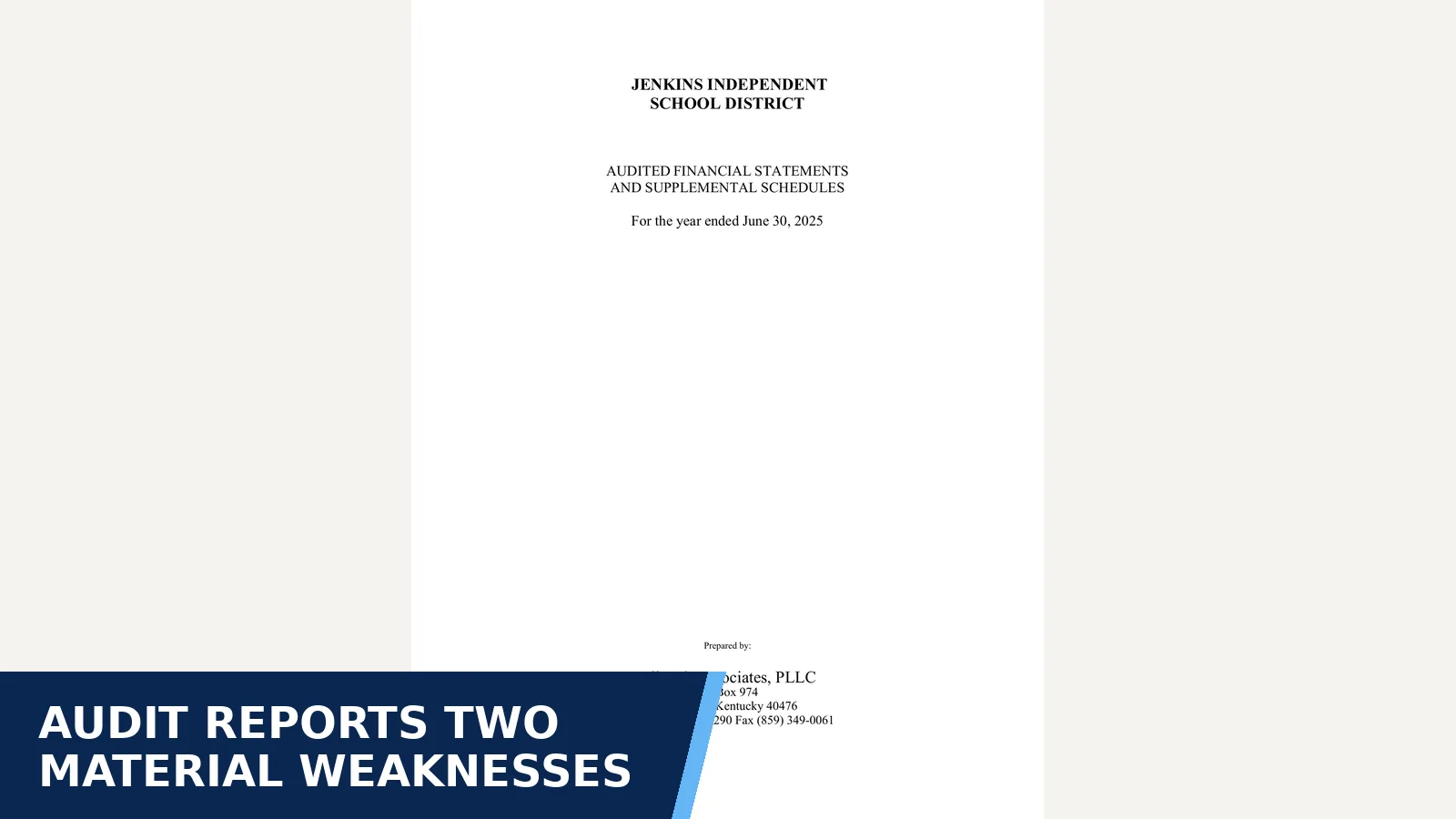 Excerpt from Jenkins Independent Schools — FY2024-2025 independent financial audit for Audit reports two material weaknesses