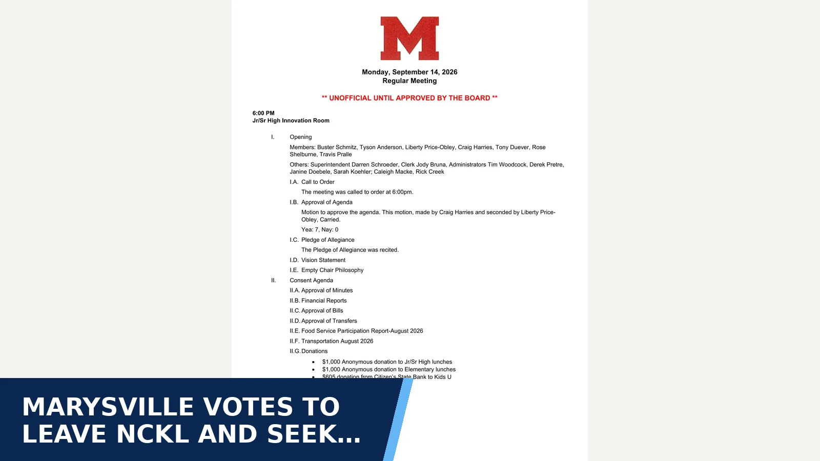Excerpt from 2026-09-14 — September 14, 2026 at 6:00 PM - Regular Meeting Meeting Type: Regular — Minutes for Marysville votes to leave NCKL and seek Big East…