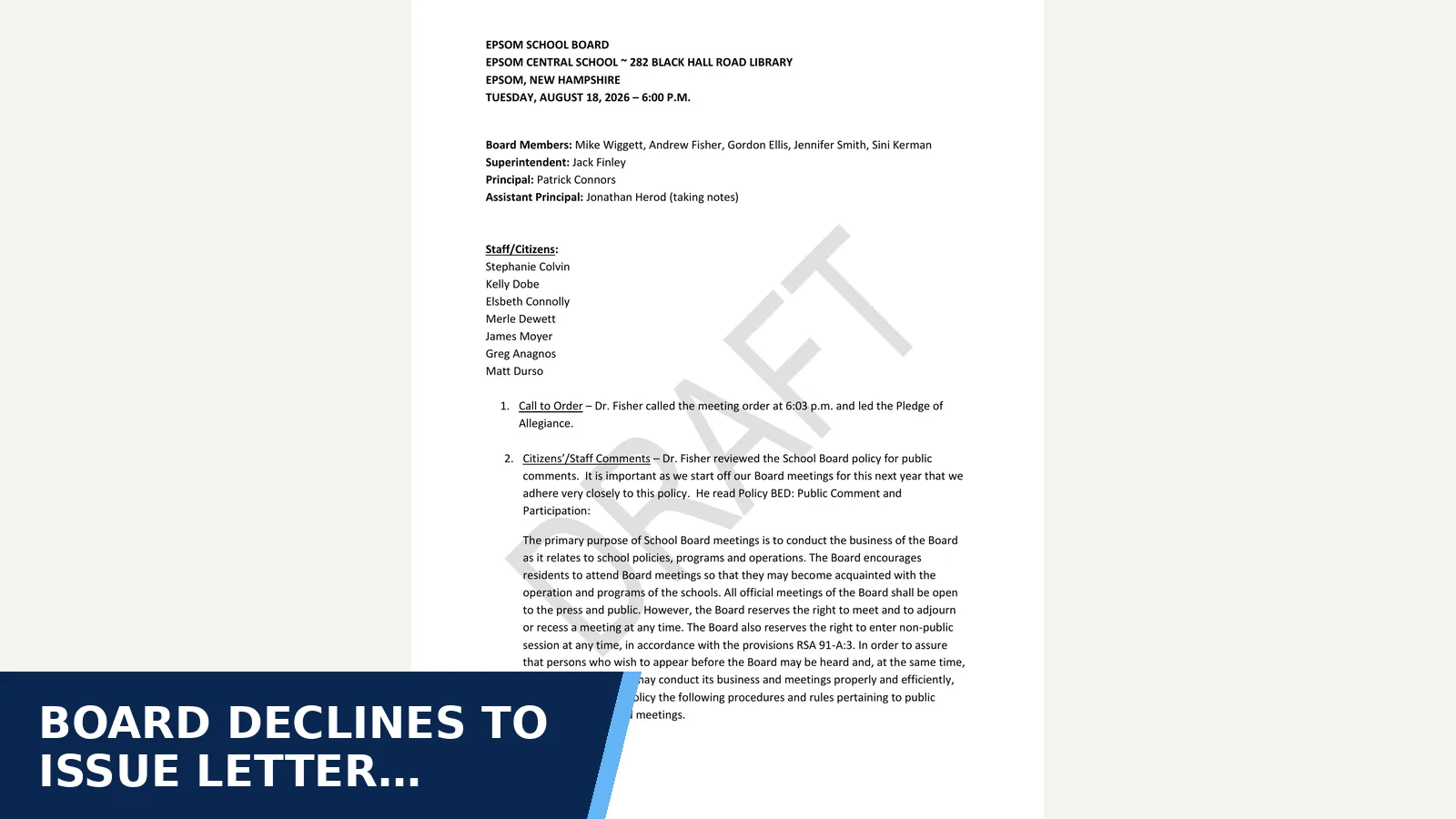 Excerpt from Epsom School Board minutes - 08.18.2026 Draft Minutes.pdf for Board declines to issue letter committing to pay…