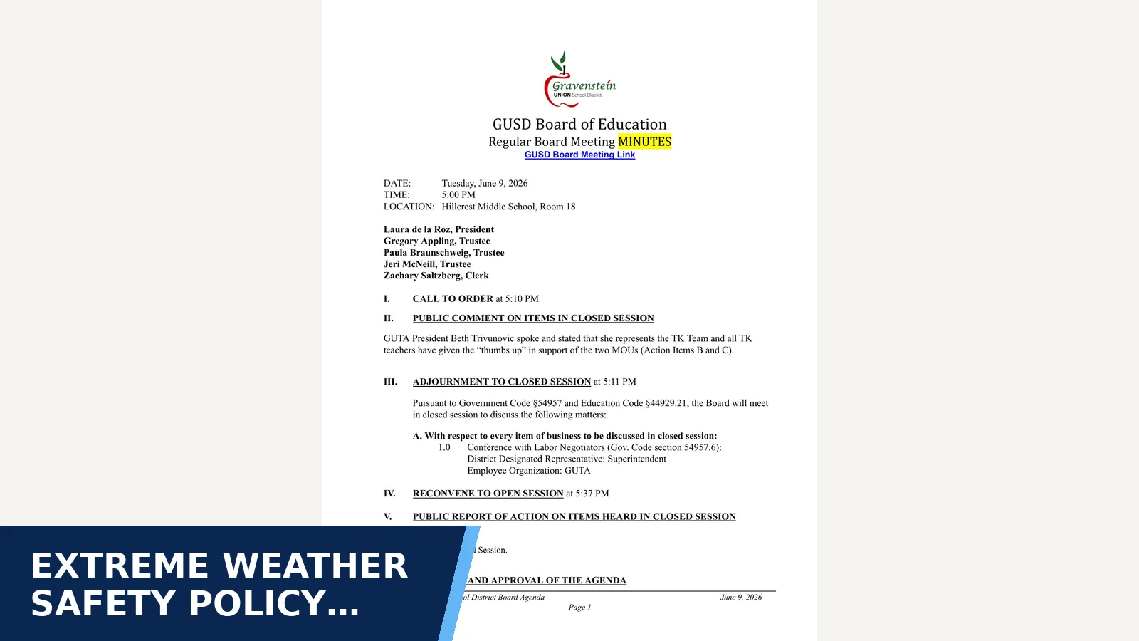 Excerpt from GUSD Board Meeting Minutes June 9, 2026 at 5:00 PM for Extreme Weather Safety Policy Adopted Under State Law