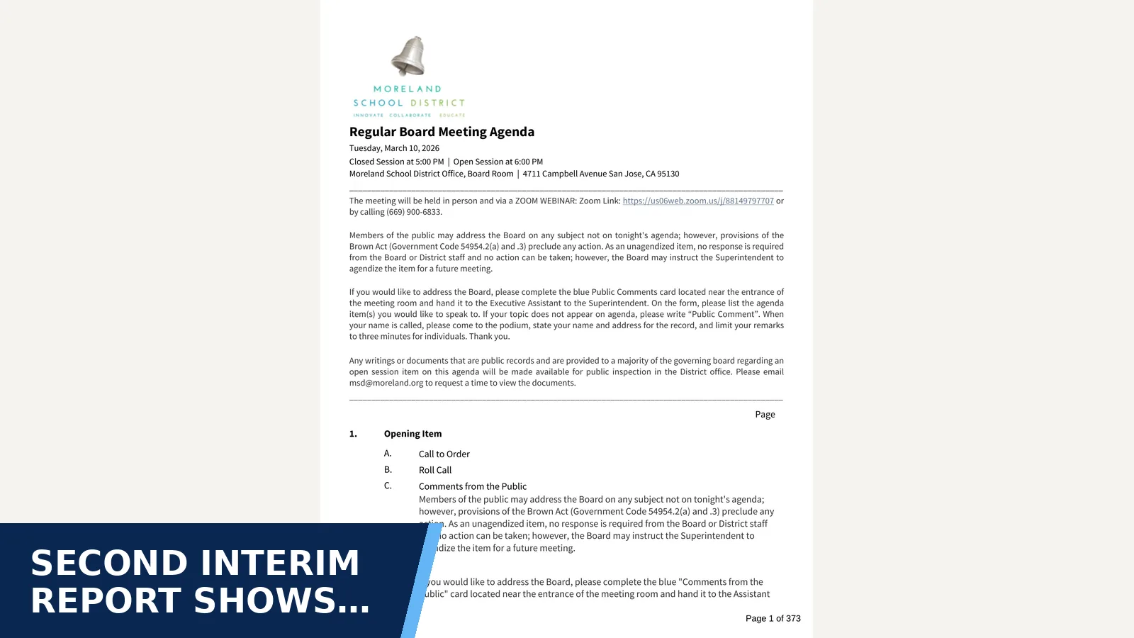 Excerpt from Regular Board Meeting - Mar 10 2026 full agenda package for Second Interim Report Shows Declining General Fund…