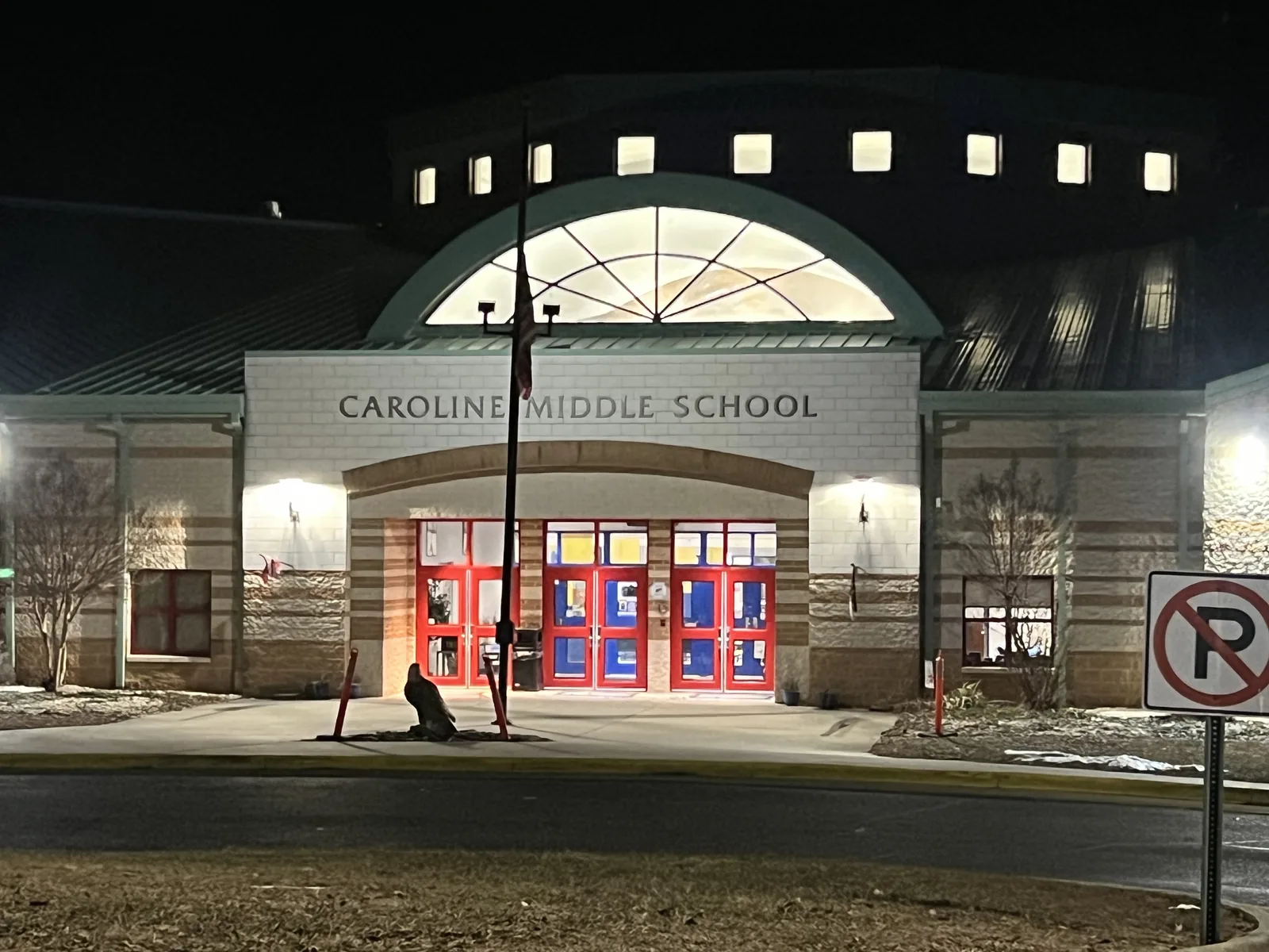 Caroline Middle School at night, in Caroline County, Virginia.