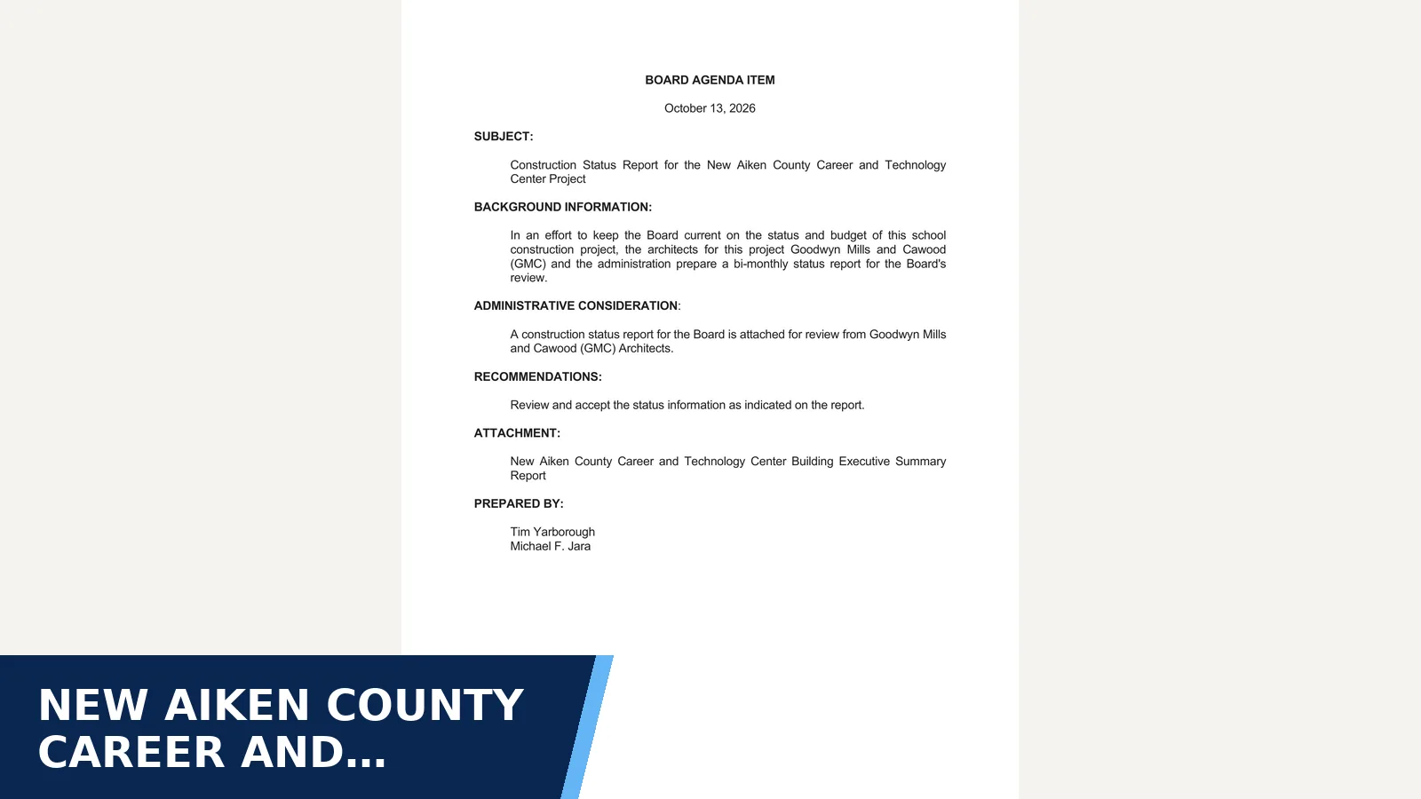 Excerpt from C-5 Construction Status Report for the New Aiken County Career and Technology Center Project.pdf for New Aiken County Career and Technology Center…