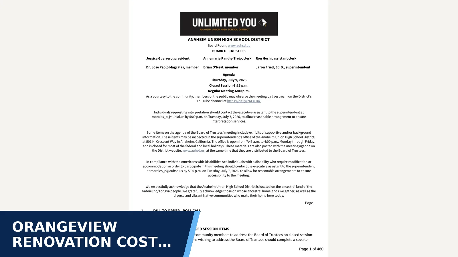 Excerpt from Regular Meeting (2026) - Jul 09 2026 - Agenda for Orangeview renovation cost ceiling rises from $1.7…