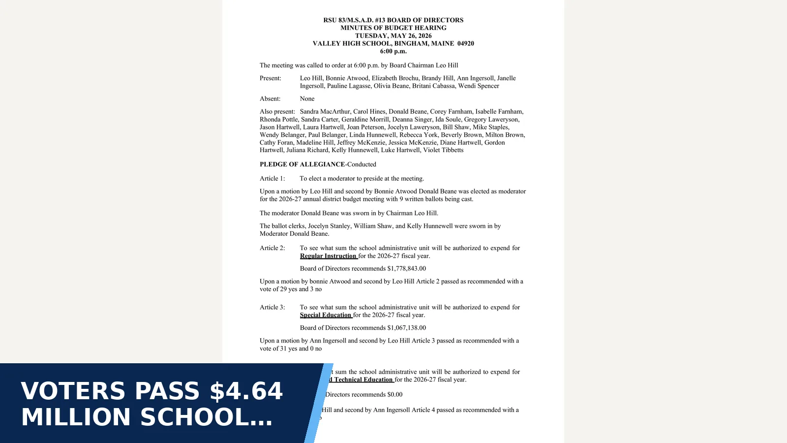 Excerpt from MSAD 13 Board, Budget Hearing, 2026-05-26: minutes for Voters pass $4.64 million school budget; Moscow…