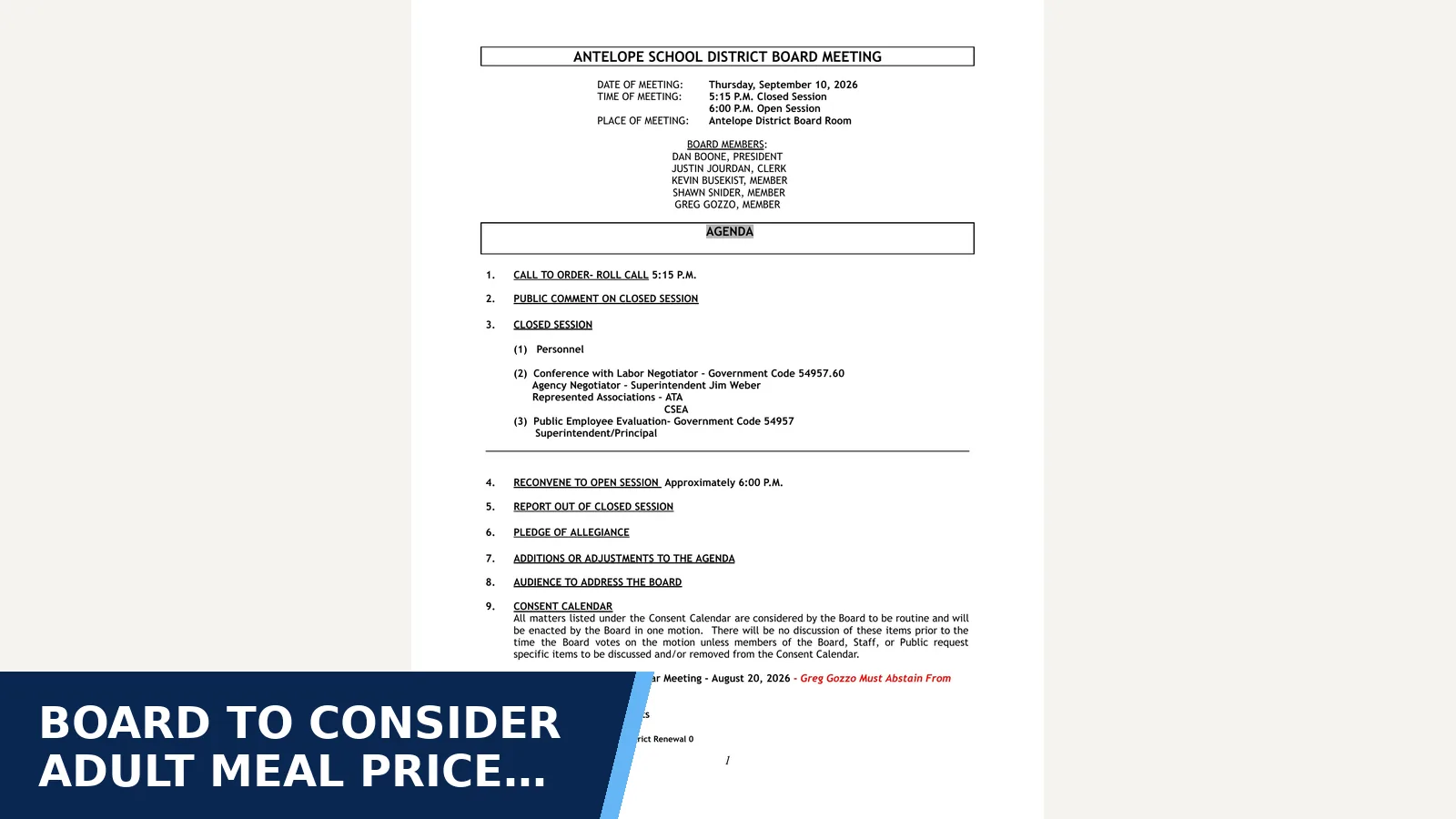 Excerpt from Agenda 09.10.26.pdf for Board to consider adult meal price increase at…