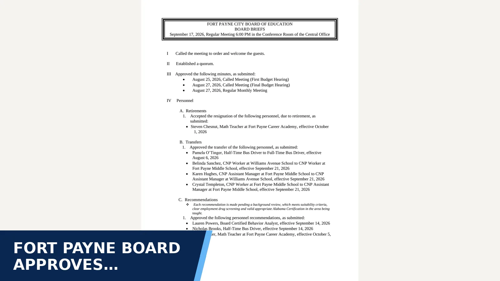 Excerpt from Board Briefs 9-17-2026 for Fort Payne board approves mental-health…