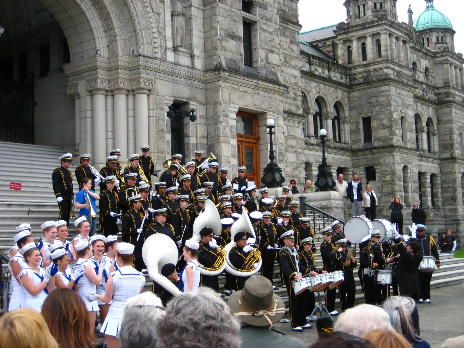After the marchpasts Bremerton High's band assembled on the steps of the Legislature for another concert.

Even when not marching, they're a show band - formation changes, the dancing girls on the left, and such.