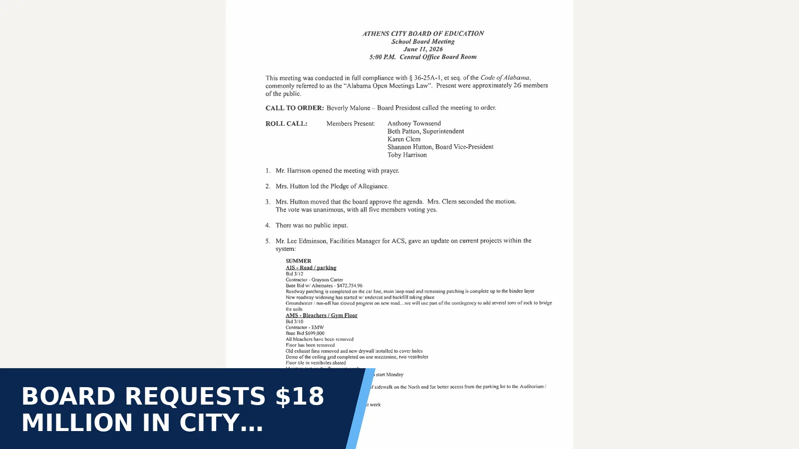 Excerpt from Minutes June 11, 2026 for Board requests $18 million in City financing for a…