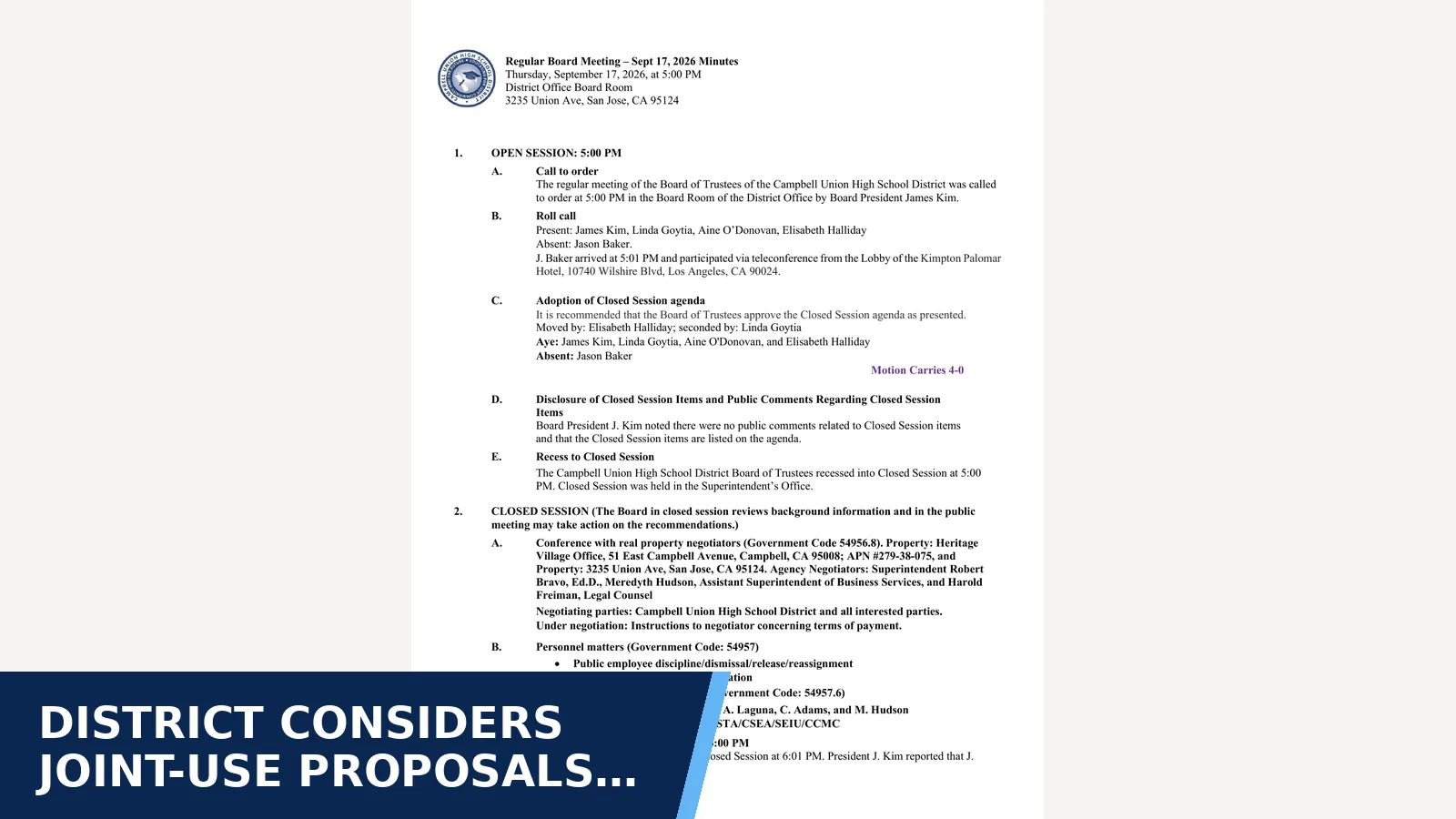Excerpt from Regular Board Meeting — Minutes for District considers joint-use proposals for former…
