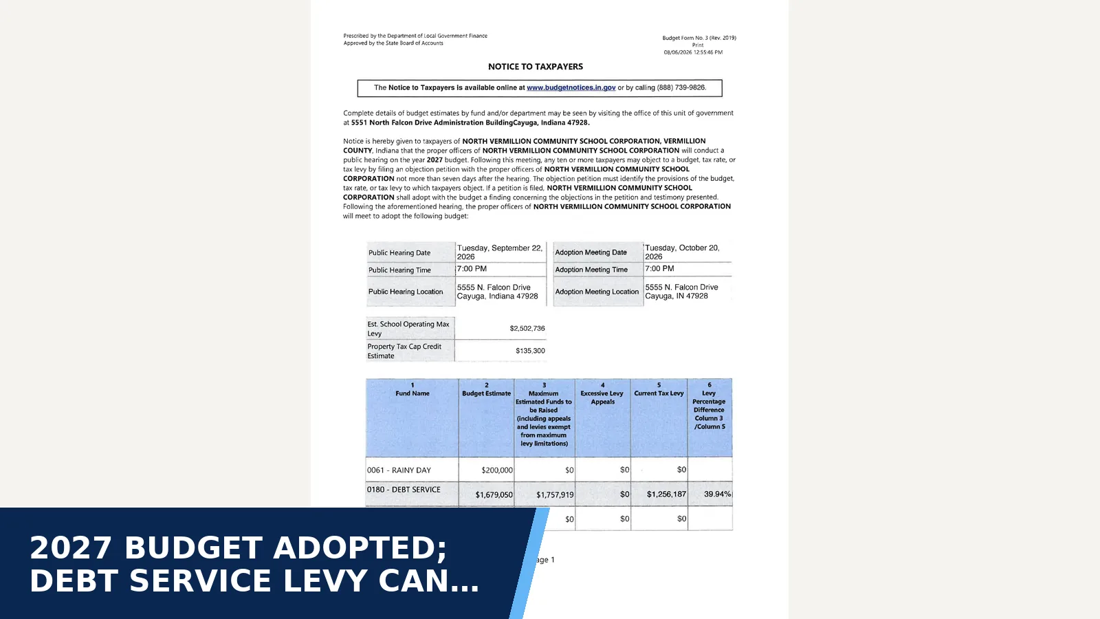 Excerpt from Budget: 2027 budget notice to taxpayers (Form 3) for 2027 budget adopted; debt service levy can rise…