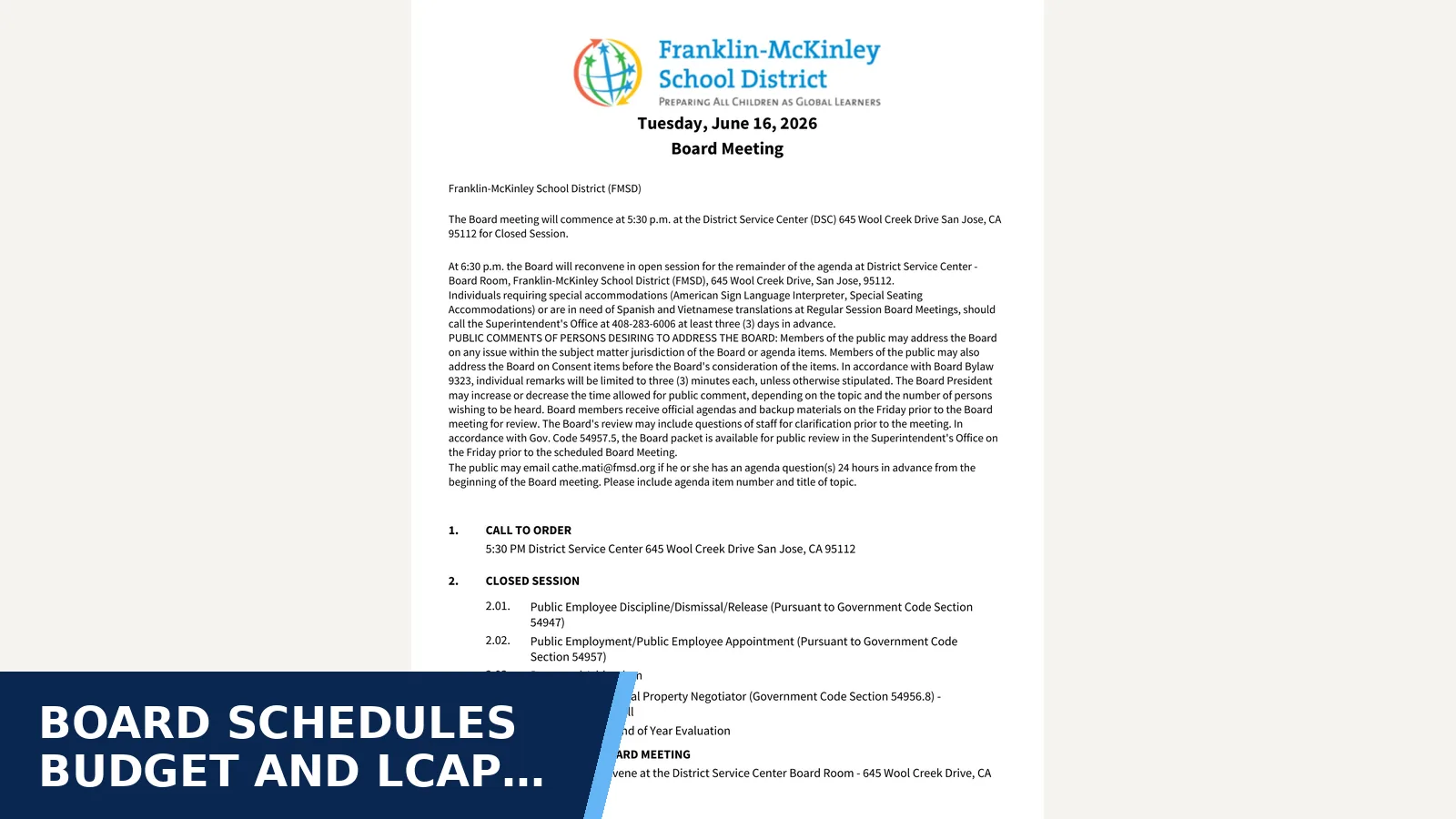Excerpt from BoardMeeting-Jun162026-Agenda1.pdf for Board schedules budget and LCAP adoption