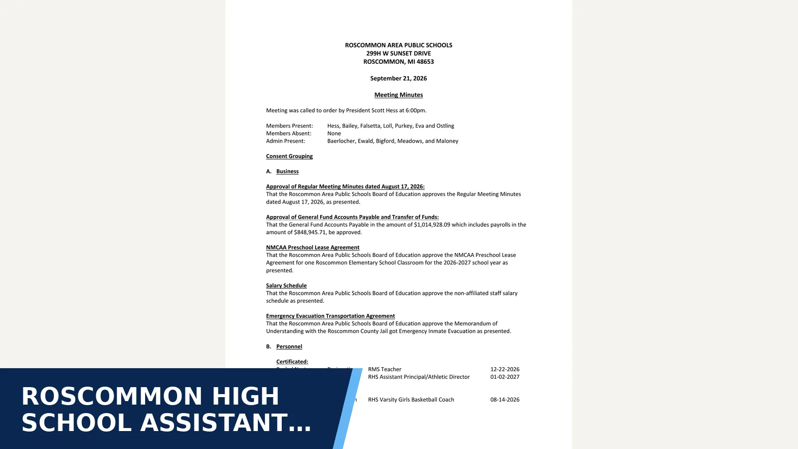 Excerpt from Regular Meeting — Minutes for Roscommon High School assistant principal/athletic…