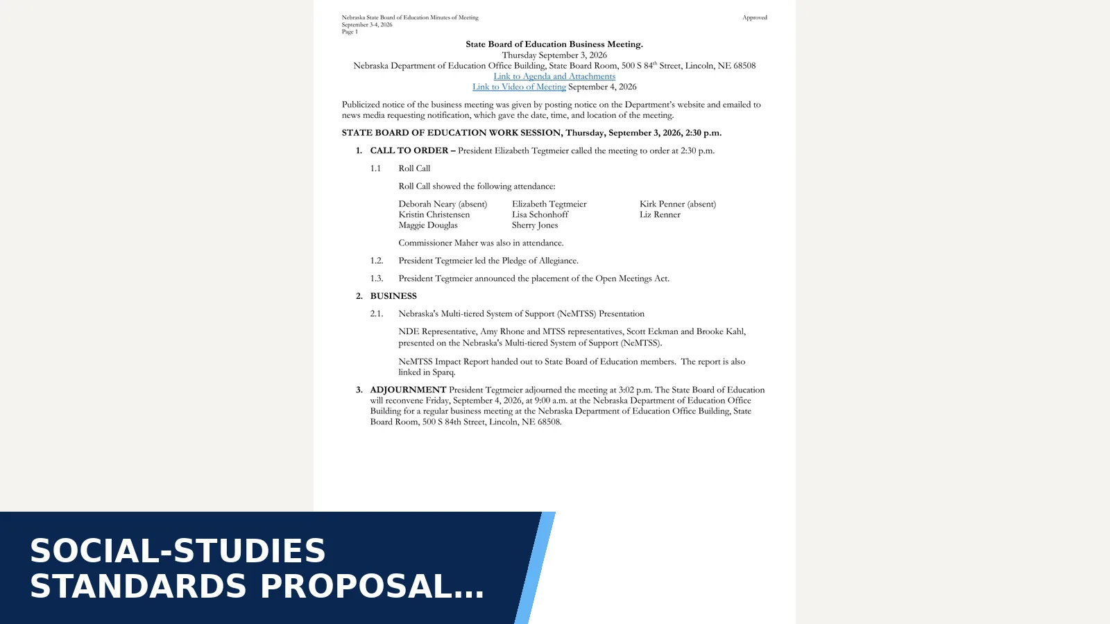 Excerpt from September 3-4, 2026 State Board Meeting Minutes for Social-studies standards proposal fails on a 4–4 vote