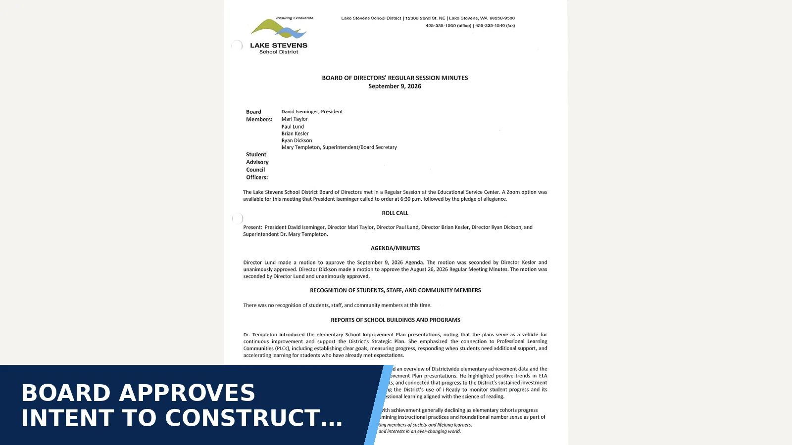 Excerpt from 2026-09-09 September 9, 2026 Minutes for Board approves intent to construct Skyline…