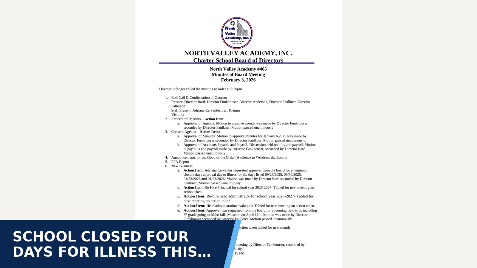 Excerpt from Board of Directors meeting minutes (02-03-26 Minutes) for School closed four days for illness this year