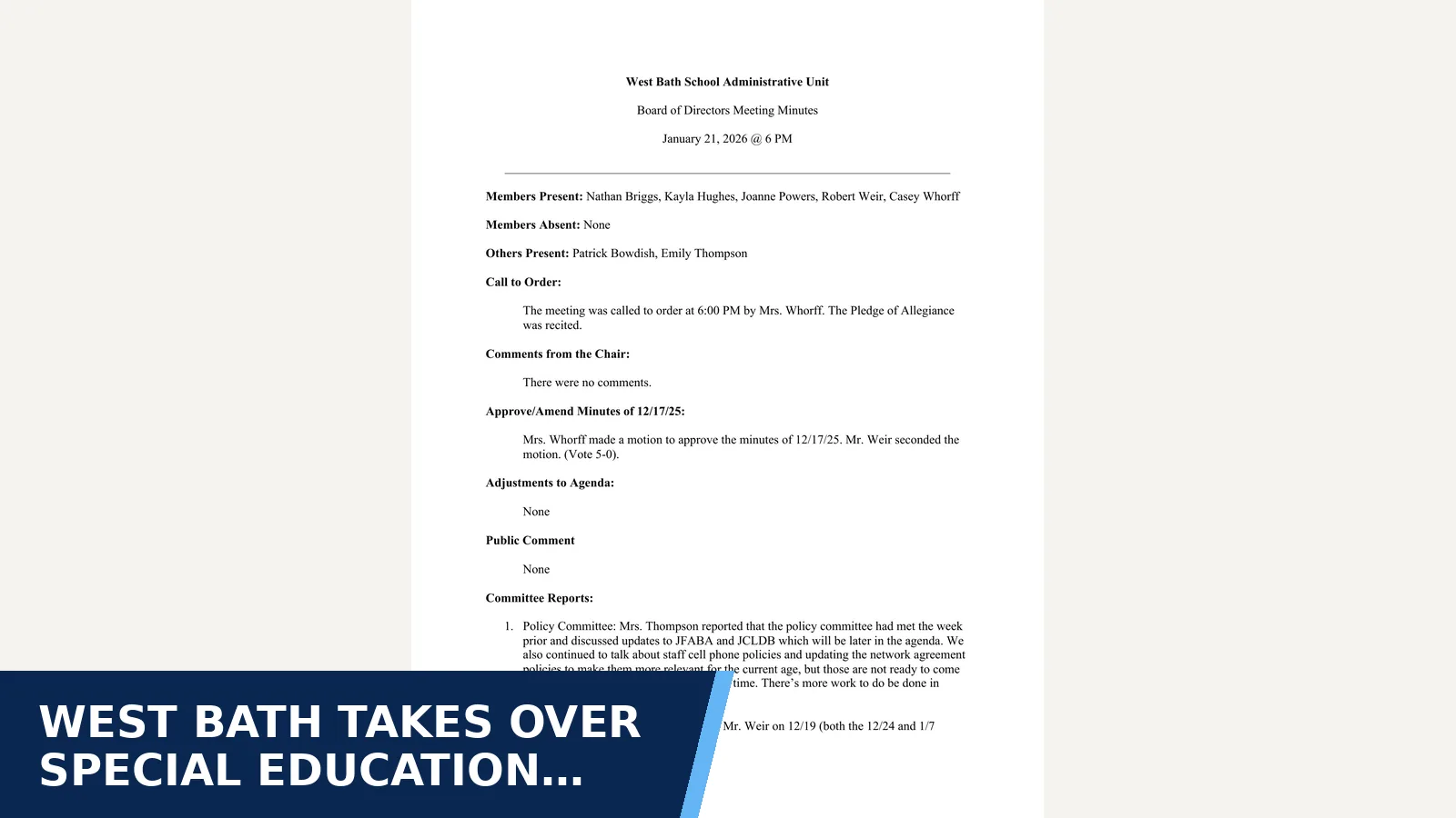 Excerpt from WBSAU School Board of Directors Meeting - WBSAU Minutes 1-21-26 for West Bath takes over special education for 4-year-olds