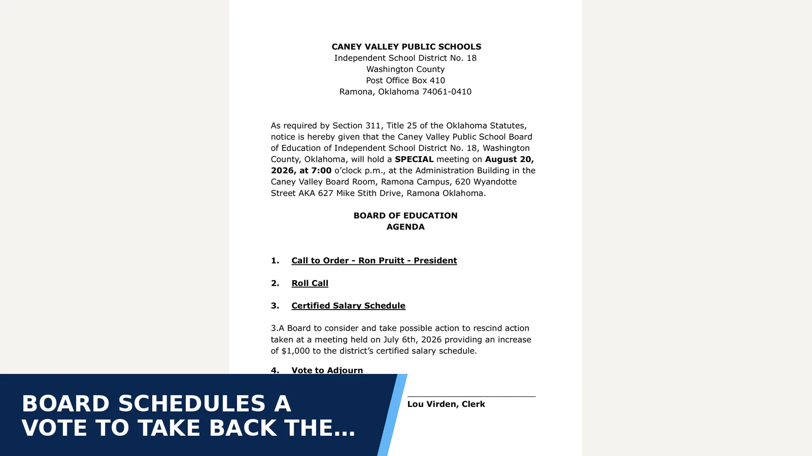 Excerpt from August 20, 2026 7:00 p.m. Special for Board schedules a vote to take back the $1,000…