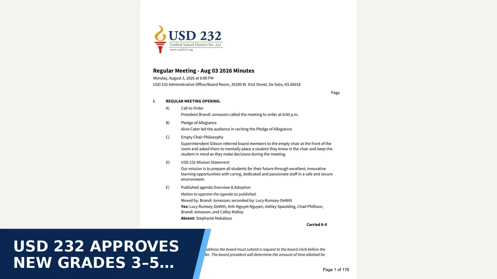 Excerpt from 2026-08-03 — Regular Meeting - Aug 03 2026 for USD 232 approves new Grades 3–5 elementary report card