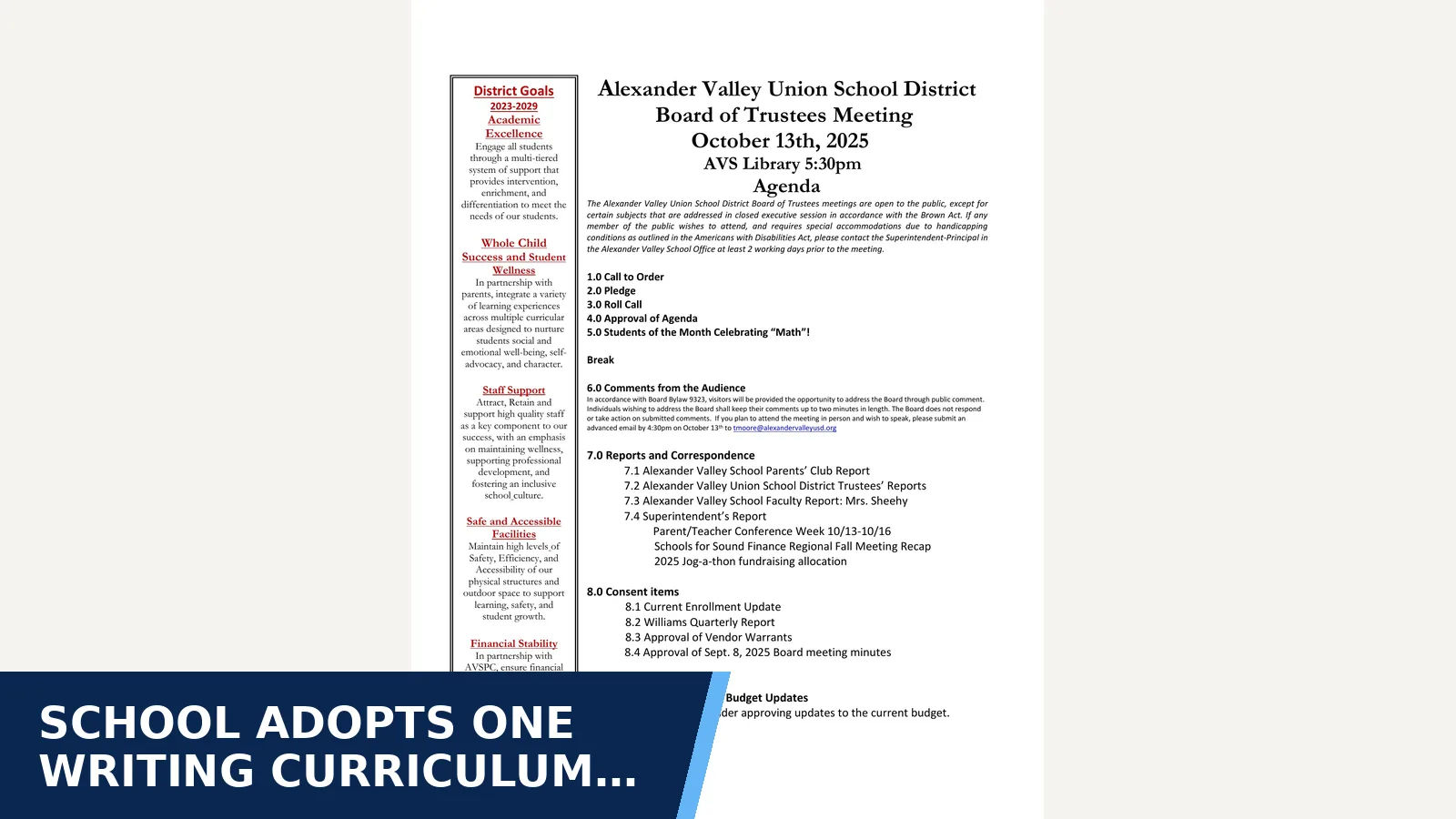 Excerpt from Click here to download the October 13, 2025 Board Packet for School adopts one writing curriculum across grades K-6
