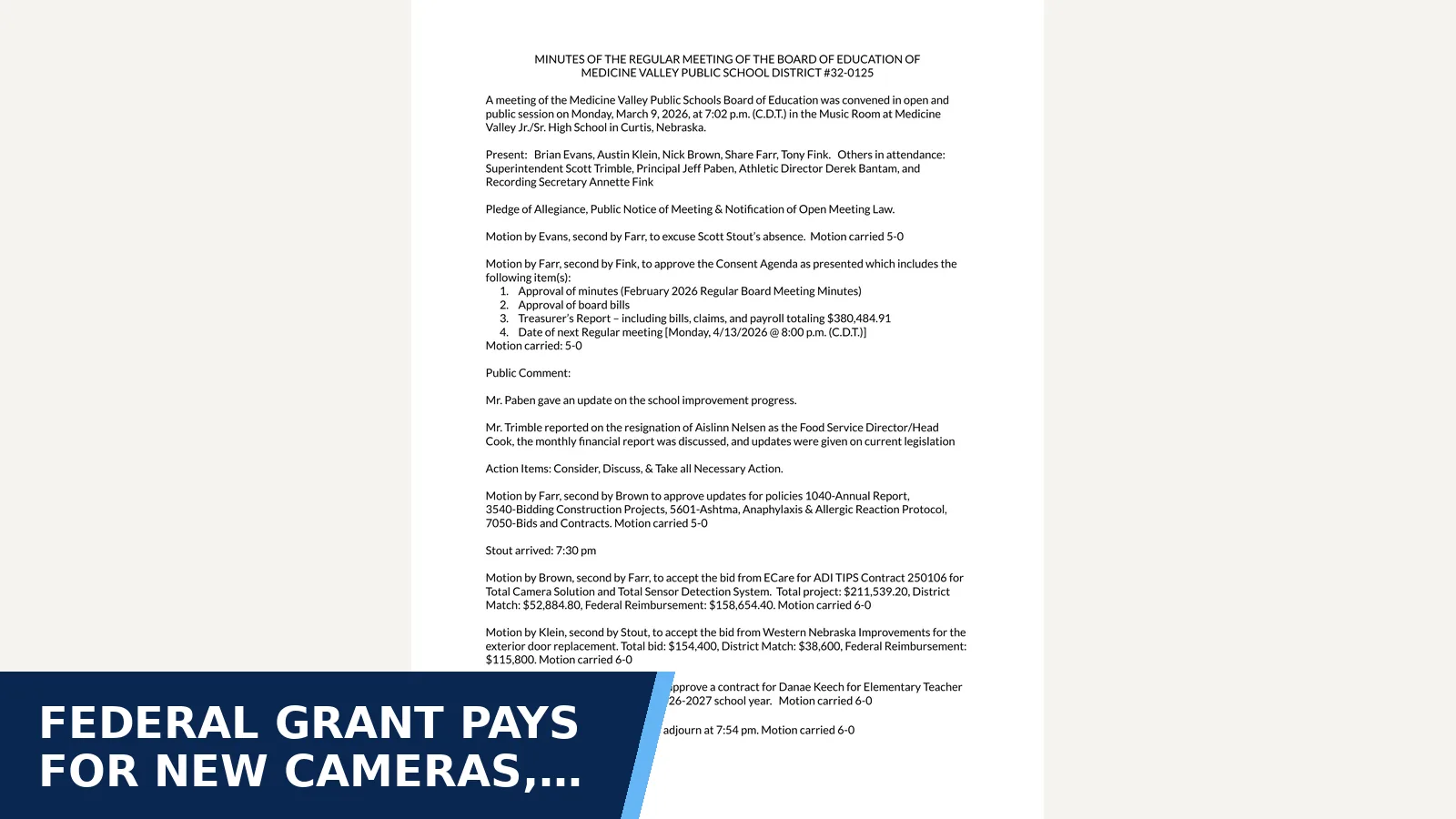 Excerpt from Medicine Valley Board of Education: 2025-2026 March Regular Board Meeting Minutes for Federal grant pays for new cameras, sensors and doors