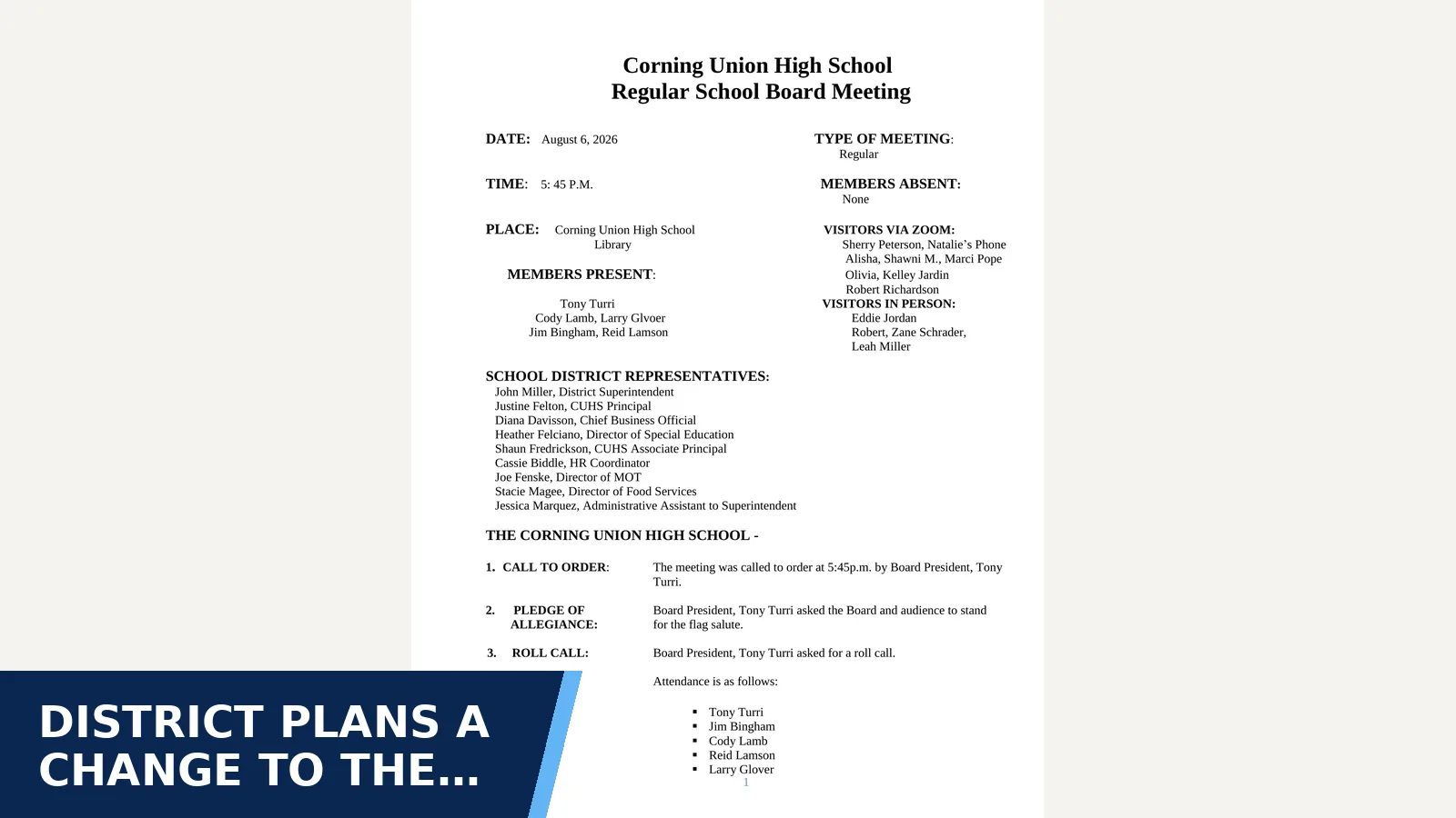 Excerpt from August 6, 2026 Board Meeting Minutes with Supplemental Materials for District plans a change to the high-school math…