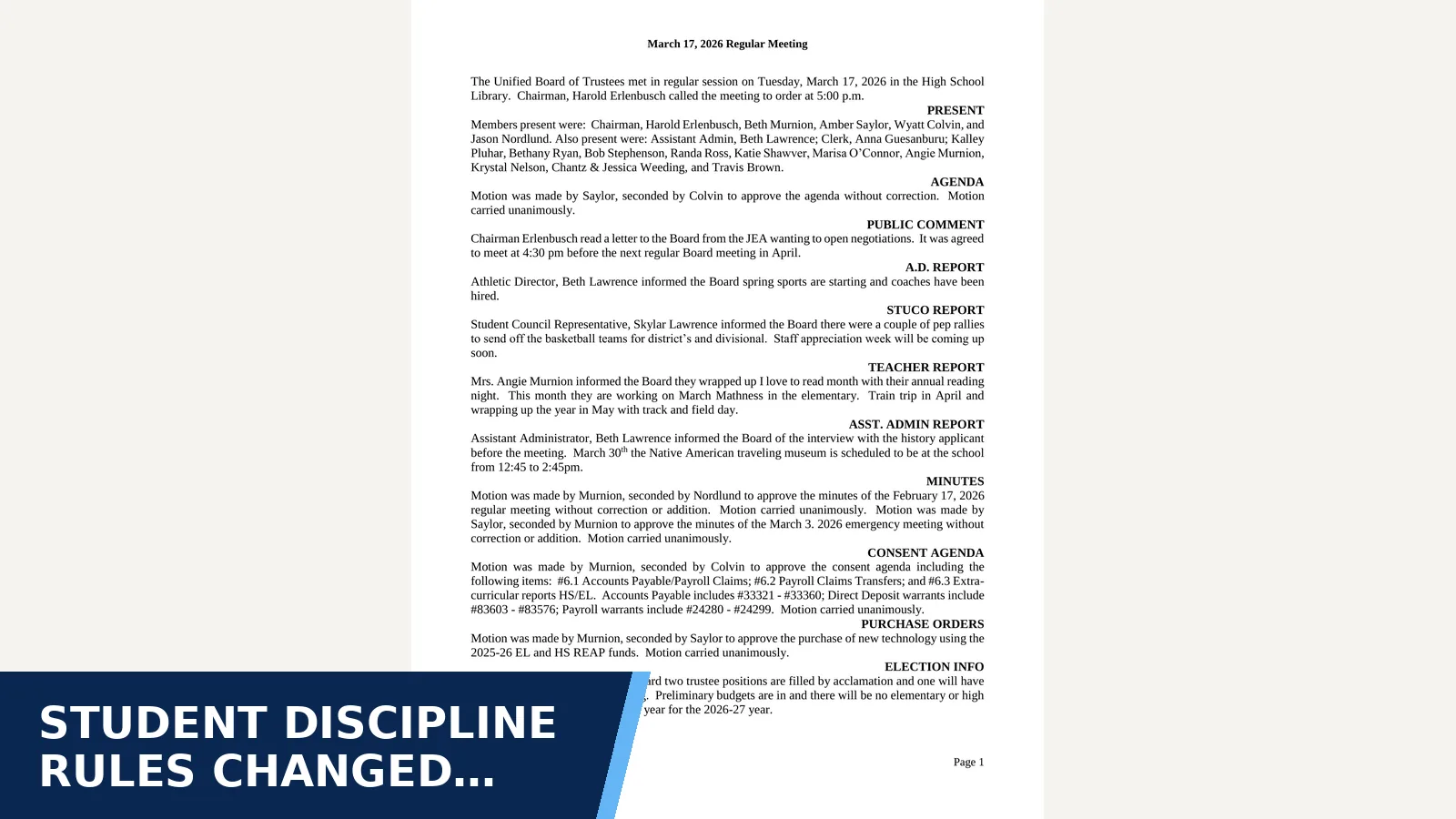 Excerpt from Board minutes - March 17, 2026.pdf for Student discipline rules changed mid-year