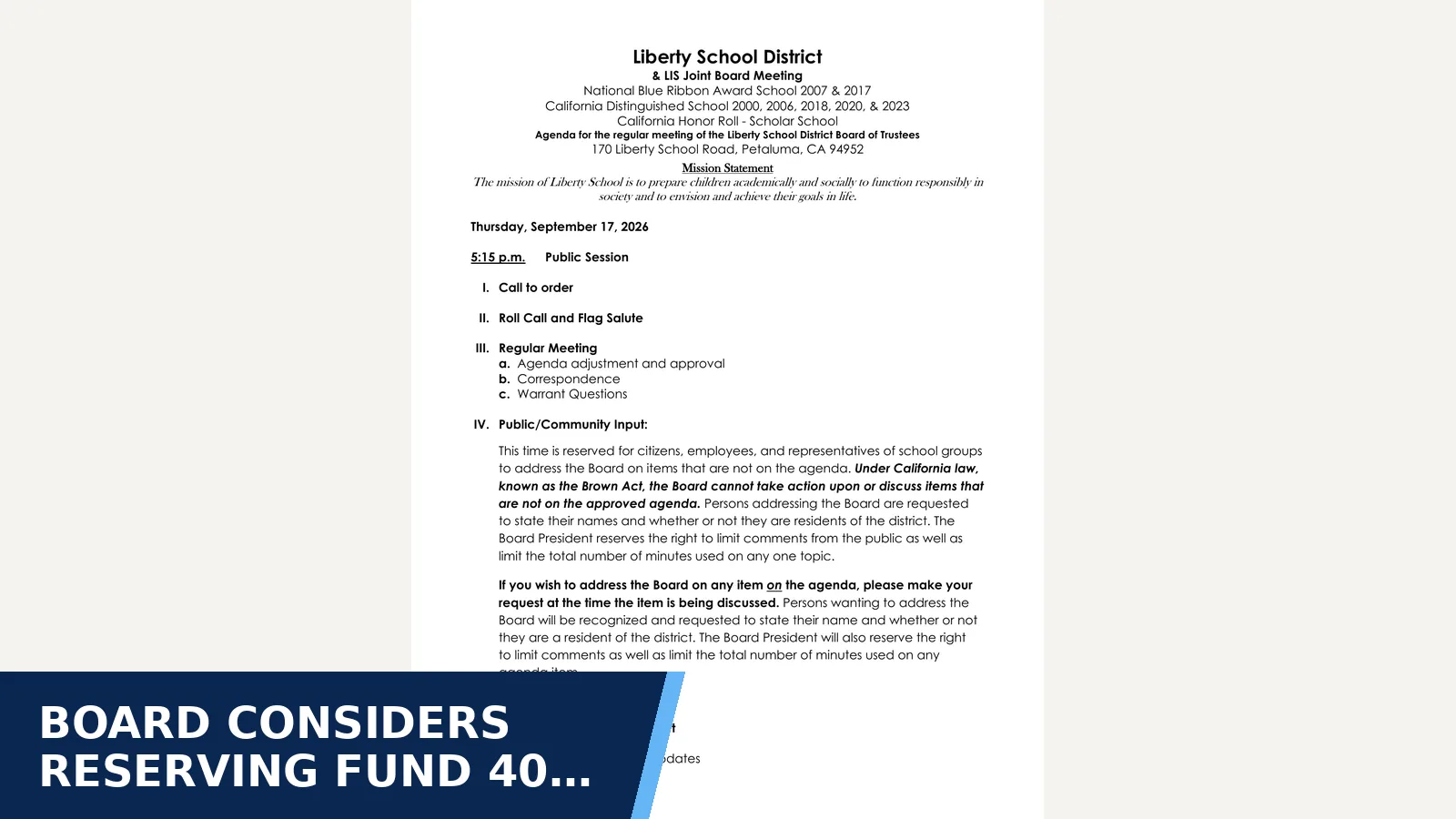 Excerpt from Agenda September 2026.pdf for Board considers reserving Fund 40 for a…