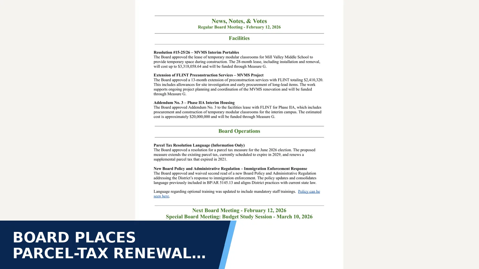 Excerpt from February 12, 2026 News, Notes and Votes pdf for Board places parcel-tax renewal and supplemental…