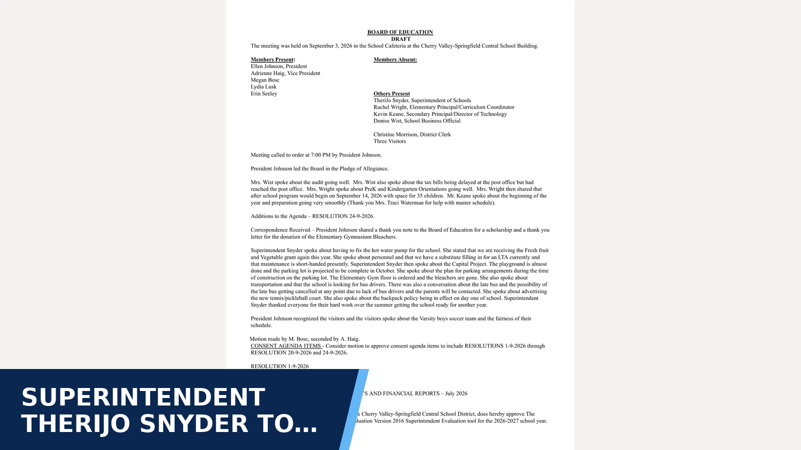 Excerpt from Minutes 09-03-2026 for Superintendent TheriJo Snyder to retire December 31